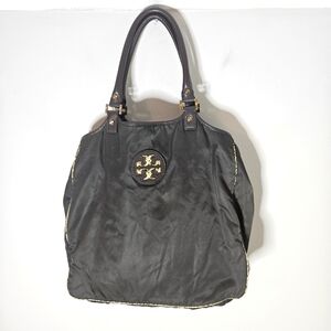Tory Burch Green Nylon Tote Animal Trim Lining Leather Handles Leopard Logo